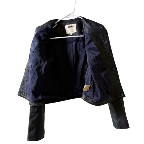 L’AGENCE Jayde Collarless Leather Jacket Midnight Sz 4 - Picture 6 of 13